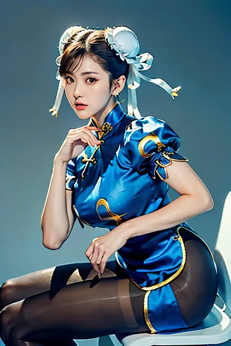 (Chun-Li from Street Fight II:1.2,perfect chun li costume:1.2,Blue cheongsam with gold lines:1.2,Bun head:1.2,bun cover:1.2,sexy pose:1.2,masterpiece:1.2、1 beautiful girl:1.2、fine eyes:1.2、puffy eyes:1.2、highest quality:1.2, 超High resolution:1.2, (reality:...