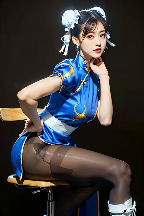 (Chun-Li from Street Fight II:1.2,perfect chun li costume:1.2,Blue cheongsam with gold lines:1.2,Bun head:1.2,bun cover:1.2,sexy pose:1.2,masterpiece:1.2、1 beautiful girl:1.2、fine eyes:1.2、puffy eyes:1.2、highest quality:1.2, 超High resolution:1.2, (reality:...