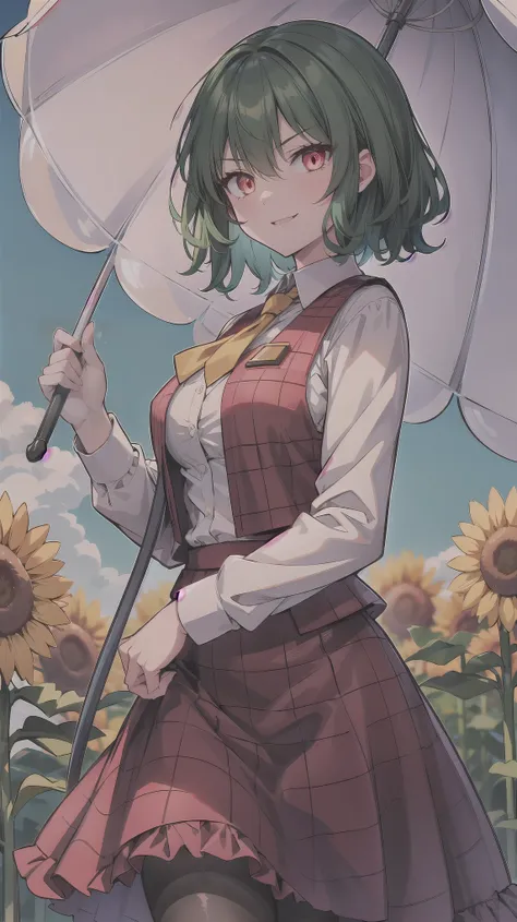 ((super high quality,Ultra-high resolution,16K,super masterpiece,Ultra HD ,Detailed shading,))One Woman,Wavy, shiny, bright emerald short hair,White dress shirt,Long sleeve,Yellow ruffled tie,Checkered red vest,Checkered red very long skirt,Black tights,Ru...