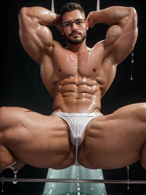 (((short hair)))，Short hair，(((30-year-old handsome muscular bodybuilder with stubble tied up and hanging in the air，Dissected))), blush，(((Wearing black frame glasses，urine, pee，Water dripping from the thong，expression)))，Sweaty，very handsome, Perfect fac...