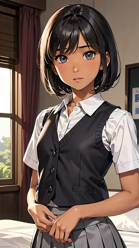 Highest quality、Realistic、、zoom、Primary school students、man、cute、Light grey eyes、Black Hair、short hair、Tanned brown skin、Dark Skin、Shirai short sleeve blouse、Ivory knit vest、Grey pleated skirt、Flat Chest、、thin、bed、