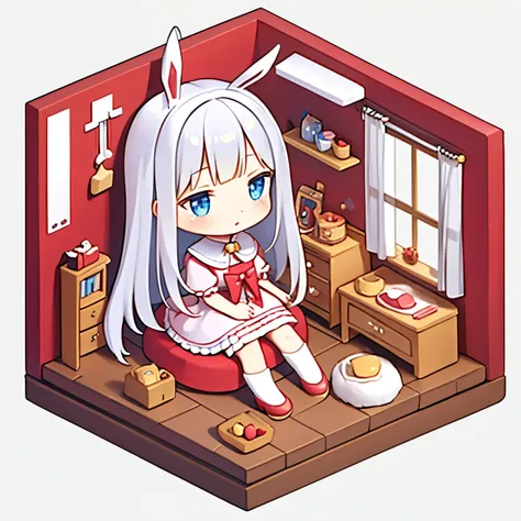 (in 8k, highest quality, masterpiece: 1.2), super high resolution,1 girl,(chibi:1.4),the girl is sitting on sofa, silver hair,(s...