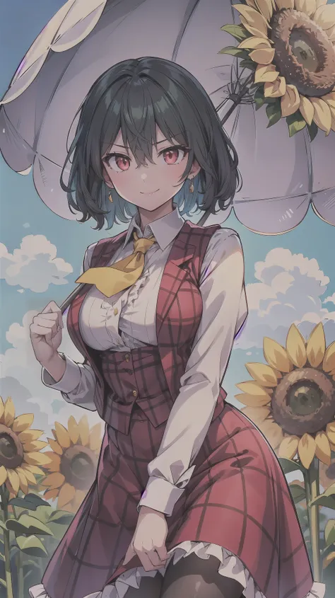 ((super high quality,Ultra-high resolution,16K,super masterpiece,Ultra HD ,Detailed shading,))One Woman,Wavy, shiny, bright emerald short hair,White dress shirt,Long sleeve,Yellow ruffled tie,Unbuttoned red checked vest,Checkered red very long skirt,Black ...