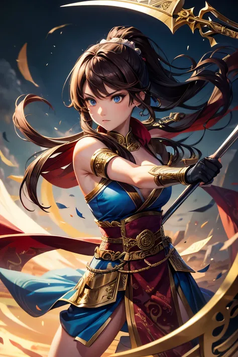 (best quality),  Detailed Background, oriental aristocrat,warrior girl,fighting art,Holding a Halberd,brown hair，blue eyes