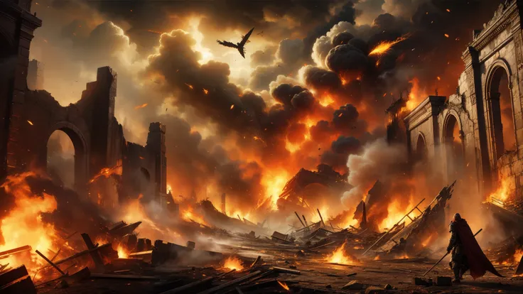 a fierce battlefield engulfed in swirling flames, with crumbling walls and debris scattered across the scene. the sky is dark wi...