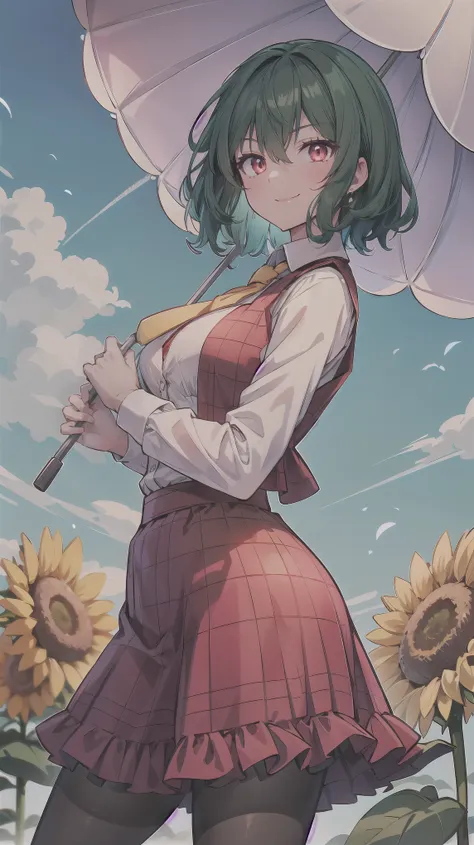 ((super high quality,Ultra-high resolution,16K,super masterpiece,Ultra HD ,Detailed shading,))One Woman,Wavy, shiny, bright emerald short hair,White dress shirt,Long sleeve,Yellow ruffled tie,(Unbuttoned red checked vest,Checkered red very long skirt,)Blac...