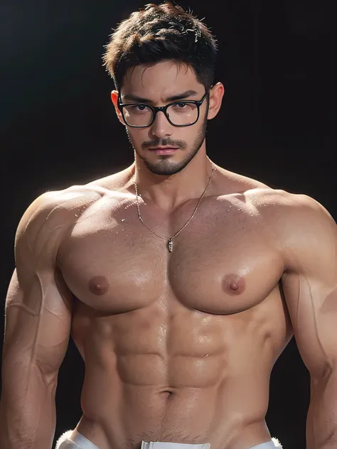 (((short hair)))，Short hair，(((A 30-year-old handsome muscular man with stubble))), blush，(((Wear black frame glasses，Painful expression)))，Sweaty，(((Occluded，Sprinkling，White，Whitecum，Transparent Thong)))，very handsome, Perfect facial features, No clothes...