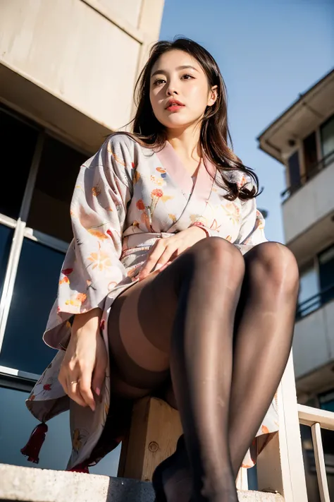 masterpiece, Bokeh, (Beautiful Face), (Detailed face), (Perfect hands), (Japanese Idols:1.6), (suit:1.3), (Super realistic modern print pantyhose:1.3), (Sit at the top of the tower:1.3),( Balcony of a high rise apartment:1.3), (Blushed:1.3), High heels, (F...