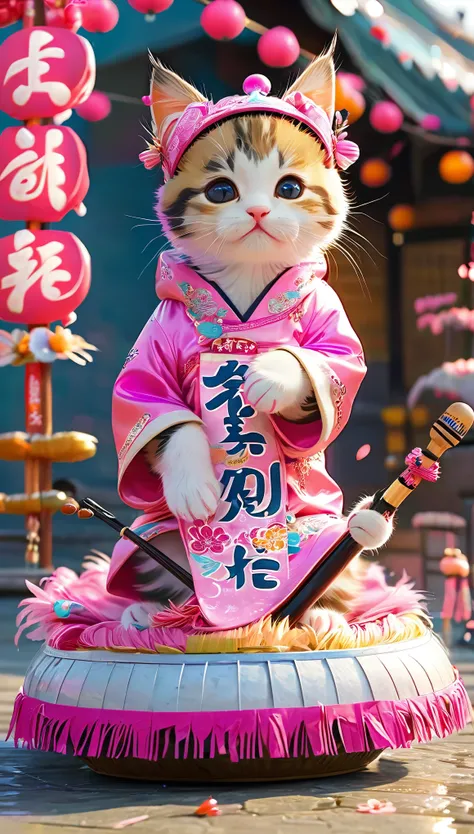 ((8k)), Highest quality, 超High resolution, (High resolution), If the kitten「」He is wearing a happi coat with the words &References;festival&References; (festival) It is written there, Riding on a festival float, He is playing the drums with drumsticks, A f...