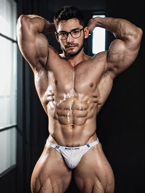 (((short hair)))，Short hair，(((30-year-old handsome muscular man with stubble was tortured))), blush，(((Wearing black frame glasses，Painful expression)))，Sweaty，very handsome, Perfect facial features, No clothes, Armpit Hair, (((Pure black background))), F...