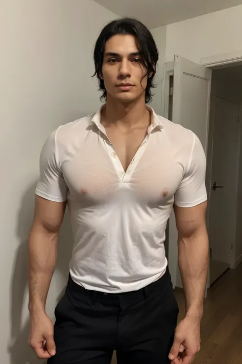 A 2 Spanish man with medium-length, wavy black hair, brown eyes, well-defined chin and cheekbones, standing at 189 cm tall. He has a muscular physique but not overly so, wearing a slightly open white shirt that reveals part of his chest with some hair.