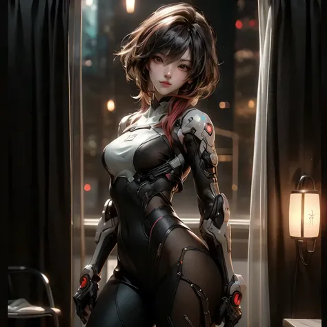 ((best quality)), ((Masterpiece)), (details:1.4), 3d, Image of a beautiful cyberpunk woman., HDR (high dynamic range), mature woman, Hips up, Curtain Bangs, Red hair, white eyes, battle suit, Black armor, PBR surface, After processing, Anisotropic filtrati...