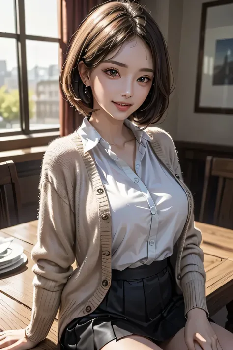 1 female, (Beautiful face with detailed shading), whole body, 40s, (Big Breasts), Brown eyes, (Pink Cardigan), Open cardigan, White camisole blouse, (Yellow pleated skirt), White Knee High, On the bed, (Tabletop)), ((Highest quality)), (Very detailedな), ((...