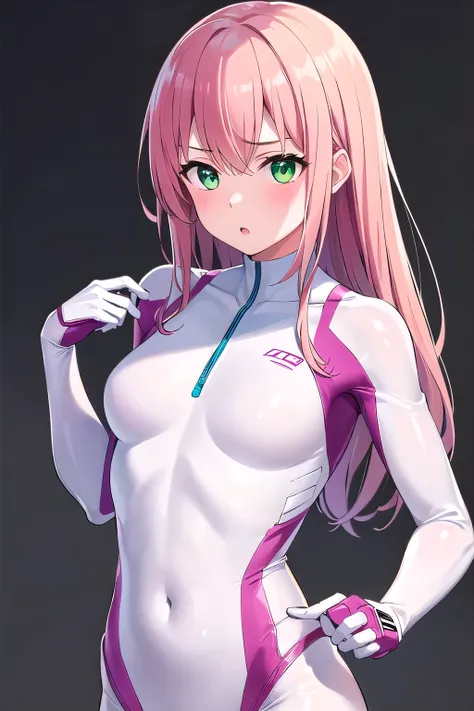 1girl,Samus aran,solo,green eyes, pink hair, forehead   hair, white zero suit,white body suit,purple stripes,cowboy shot,blush,,Science fiction,ultra-detailed,sharp focus,aesthetic,(best quality), white background, (undressing bodysuit , open bodysuit:1.2)