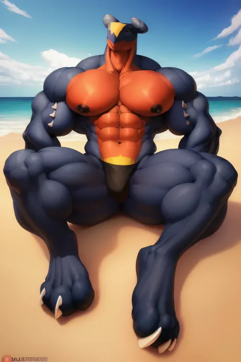 uploaded on e621, explicit content, 3d:0.4, (bastika, cutesexyrobutts, hioshiru), (furry, anthro:1.2), male, solo, garchomp,  blue water, frothy white waves, golden sand, (black bikini:1.2), laying on back, spreading legs, toe claws, low angle view, closeu...