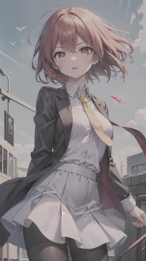 （（super high quality,Ultra-high resolution,16K,super masterpiece,Ultra HD ,Detailed shading,））One Woman,Shiny, light emerald-colored short hair with wavy, wind-blown hair,White dress shirt,Long sleeve,Yellow ruffled tie,（Unbuttoned red checked vest,A red c...