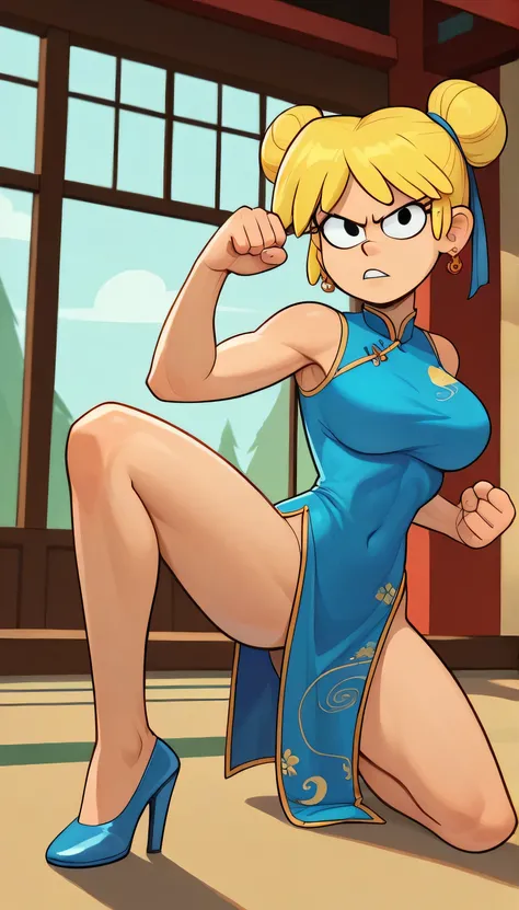 lori loud, 1girl, solo, 24yo girl, blue cheongsam,  inside of a chinese style temple, large breasts, looking at viewer, blonde hair, short hair, two hair buns , hands  score_9, score_8_up, score_7_up, high heels,teep fighting stance,martial arts