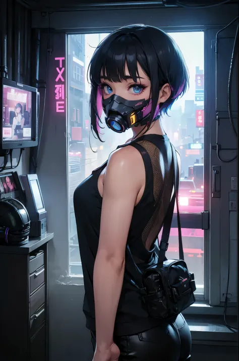One person, alone, mask, Landscape,View your viewers,Looking out the window,cyber punkシティの夜,Relax in a modest bed,Edge of the screen,Short Hair,, whole body, Black Hair, mouth mask, Holding, blue eyes, Tank top, A large room for a single person with a larg...