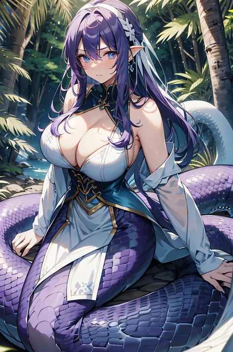 4K,High resolution,One Woman,lamia,Purple Hair,long hair,Blue Eyes,Huge boobs,Swordsman,White Armor,Sleeveless,hair band,Jewelry decoration,Long sword,in the forest