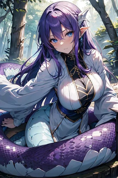 4K,High resolution,One Woman,lamia,Purple Hair,long hair,Blue Eyes,Huge boobs,Swordsman,White Armor,hair band,Jewelry decoration,Long sword,in the forest