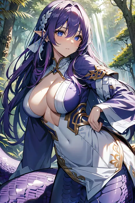 4K,High resolution,One Woman,lamia,Purple Hair,long hair,Blue Eyes,Big Breasts,Swordsman,White Armor,hair band,Jewelry decoration,Long sword,in the forest