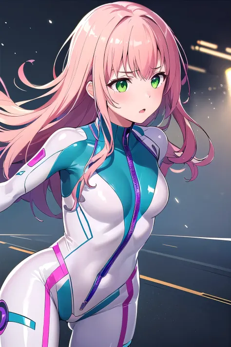 1girl,Samus aran,solo,green eyes, pink hair, forehead   hair, white zero suit,white body suit,purple stripes,cowboy shot,blush,,Science fiction,ultra-detailed,sharp focus,aesthetic,(best quality), white background, (unzipzing and take off bodysuit:1.5)