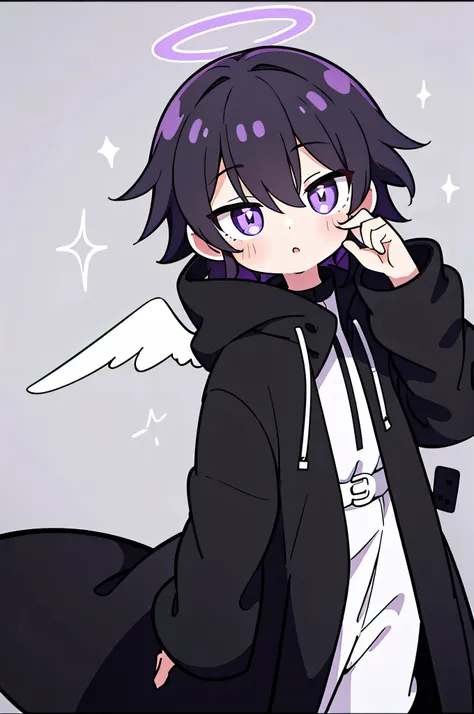 one boy, alone, short hair, (black hair, purple eyes with vertical pupils), angel halo, black long coat, black fur hood, angel&#...