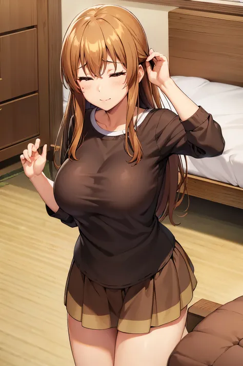 huge , busty, best quality, (masterpiece:1.2), highly detailed, brown t-shirt, hands up, 1girl,  kotegawa nanaka, sleeping, slee...