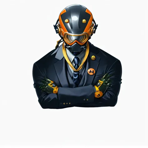 Orange diving helmet、suit、gold、tie、Cross your arms