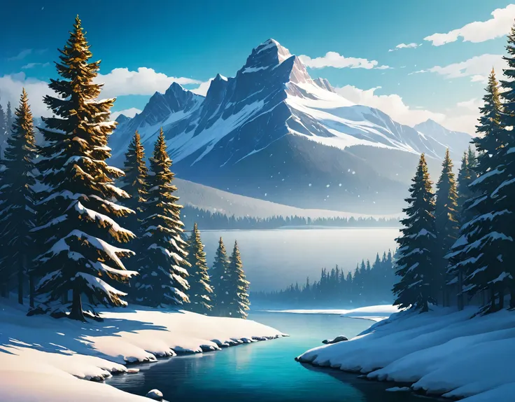 a snowy winter landscape, snow-covered evergreen trees, snowfall, mountainous terrain, frozen lake, calm and serene atmosphere, (best quality,4k,8k,highres,masterpiece:1.2),ultra-detailed,(realistic,photorealistic,photo-realistic:1.37),cinematic lighting, ...