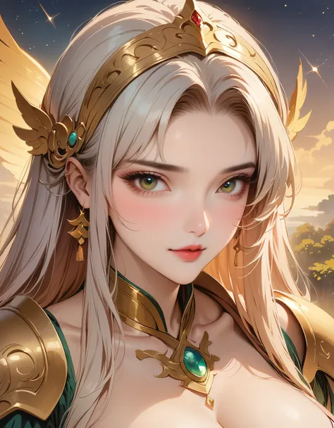 Master works, masterpieces, high quality, extreme detail, classical beauty, (1 female,huge oppai,white long hair), (wearing a loose golden armor), ((delicate face)), (best details), ((green eyes)), ((Golden headdress)),(open pose) ,sun, moon and stars back...