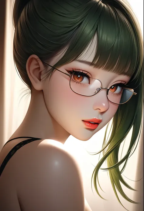 1girl, elegant erotic beautiful girl, ((long green hair with pony tail and straight bangs)), detailed face portrait, glasses, ma...