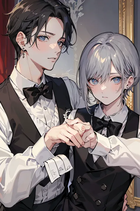 (Mastepiece)、(Best Quality)、Very detailed、((Two butlers:1.5))、Perfect Face、Beautiful Face、Very detailedな顔、(Black-haired man:1.3)、(Grey-haired man:1.3)、Deacon's uniform、Monocle