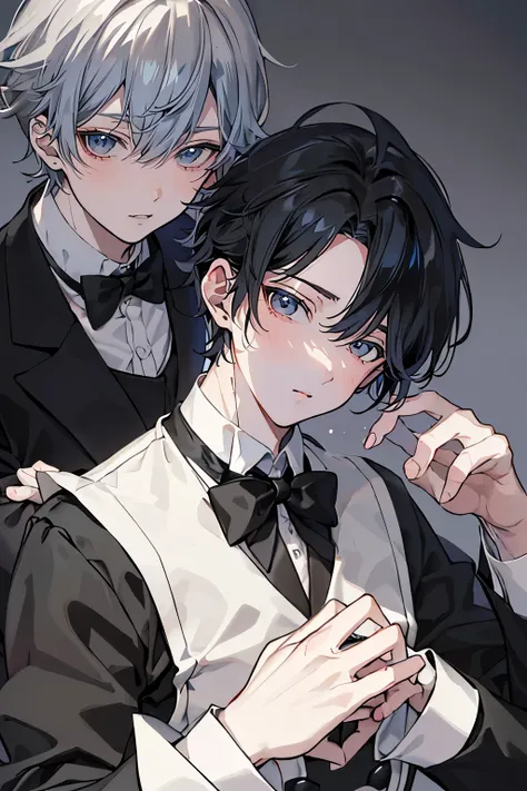 (Mastepiece)、(Best Quality)、Very detailed、((Two butlers:1.5))、Perfect Face、Beautiful Face、Very detailedな顔、(Black-haired man:1.3)、(Grey-haired man:1.3)、Deacon's uniform、(Monocle:1.3)、(White gloves:1.3)