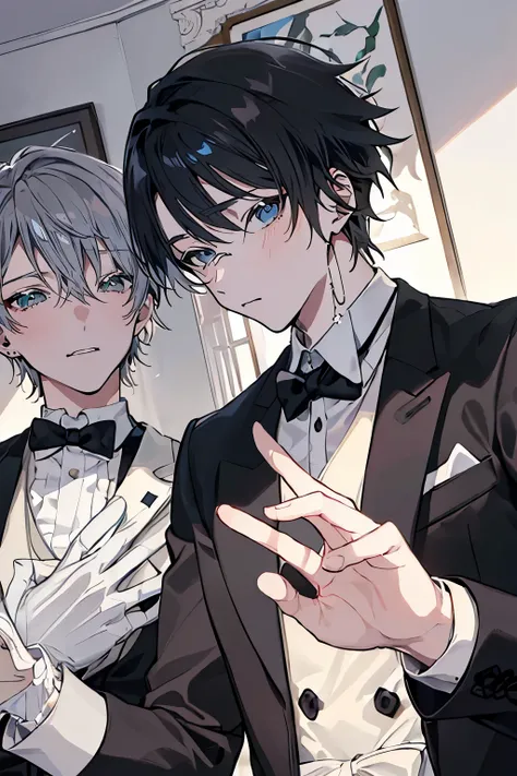 (Mastepiece)、(Best Quality)、Very detailed、((Two butlers:1.5))、Perfect Face、Beautiful Face、Very detailedな顔、(Black-haired man:1.3)、(Grey-haired man:1.3)、Deacon's uniform、(Monocle:1.3)、(White gloves:1.3)