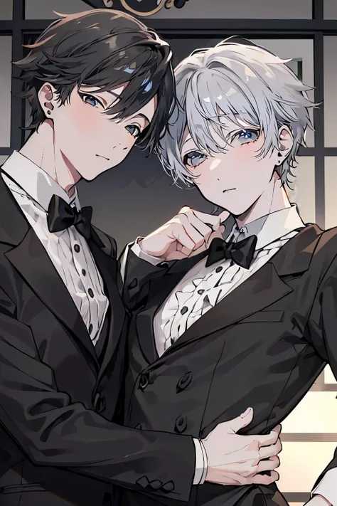 (Mastepiece)、(Best Quality)、Very detailed、((Two butlers:1.5))、Perfect Face、Beautiful Face、Very detailedな顔、(Black-haired man:1.3)、(Grey-haired man:1.3)、Deacon's uniform、(monocle:1.3)、(White gloves:1.3)