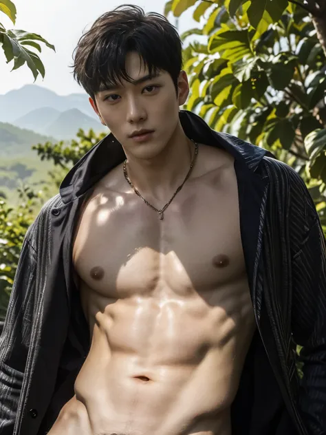 DETAILED FACE, DETAILED EYES, NAKED, HANDSOME, A Korean man, Slim body , Pale Asian skin, good eyes, Detailed body,massive bulge， Detailed face, Wearing nothing, leaf covering his dick, Bare lower body, Good outdoor lighting, A cool pose, Good expression ,...