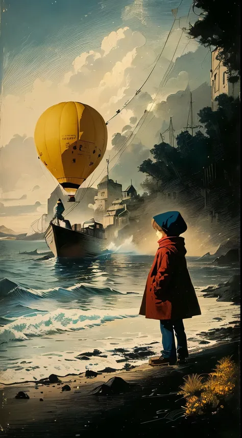 A captivating vintage-inspired illustration depicts a serene coastal scene, dominated by soft blues, yellows, and black charcoal. A solitary figure, possibly a child, stands on the shoreline, gazing out at the sea with a contemplative expression. The child...