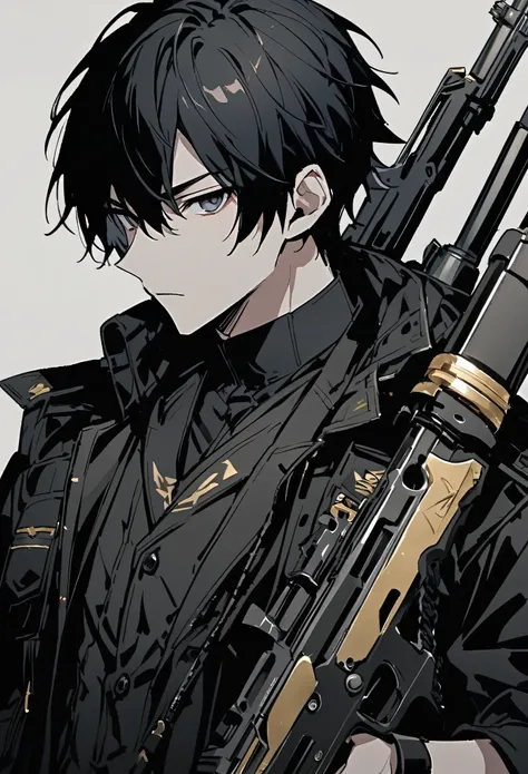 One Man　aldult　男らShii　Fair skin　Black Hair　Rin々Shii　Handsome　cool　Black clothing　Short Hair　cool　Expressionless　Firearms