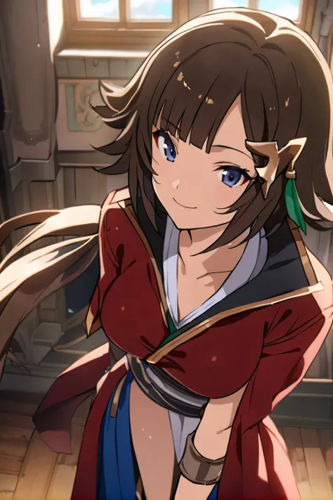 1girl, solo, leona \(granblue fantasy\), bedroom, looking at viewer, smile, full_shot, sirld, anime screencap, masterpiece, best...