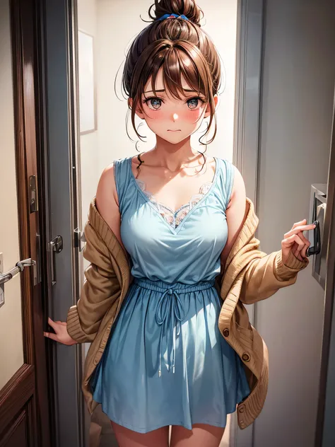 A woman with brown hair tied in a messy bun, wearing a light blue dress, covered with a white waist-length cardigan, was standing in front of the bedroom door,with a blushing expression covering her mouth with the back of her hand.