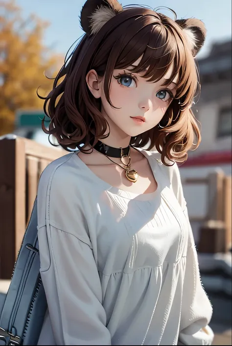 Top quality, highly detailed, UHD, idol, playing at an amusement park, cute and beautiful anthropomorphic koala girl with brown curly bob hair wearing a heart-shaped choker, casual clothes