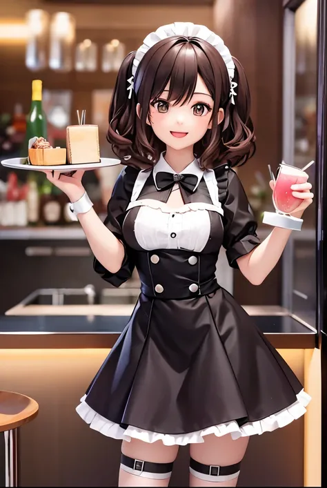 Cute short curly brown hair anime koala girl wearing black and pink maid uniform. Smiling with open mouth and holding a tray of pink cocktail drinks in a bar setting. Full body portrait, long legs, brown dyed hair. At the bar counter.