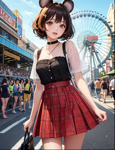 Top quality, highly detailed, UHD, idol, playing at an amusement park, cute and beautiful anthropomorphic koala girl with brown curly bob hair wearing a heart-shaped choker, casual clothes