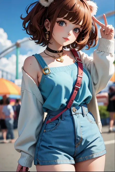 Top quality, highly detailed, UHD, idol, playing at an amusement park, cute and beautiful anthropomorphic koala girl with brown curly bob hair wearing a heart-shaped choker, casual clothes