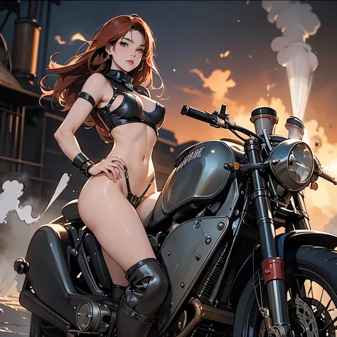 nsfw, anime screencap, 16K, perfect anatomy proportion body, perfect hands, NUDE, action, A dynamic composition with a sense of speed and movement, (Ride a steam engine motorcycle:1.6), a wife, 40age, perfect beautiful delicate sexy face, perfect beautiful...