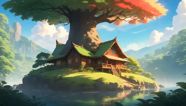 Use studio Ghibli style.Craft a peaceful sunset scene on a floating island in the sky, featuring a towering, mystical tree with deep green leaves that have warm red edges. The tree should dominate the left side of the image. In the background, depict a glo...