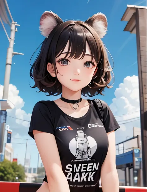 Top quality, highly detailed, UHD, idol, playing at an amusement park, cute and beautiful anthropomorphic koala girl with brown curly bob hair wearing a heart-shaped choker, casual clothes