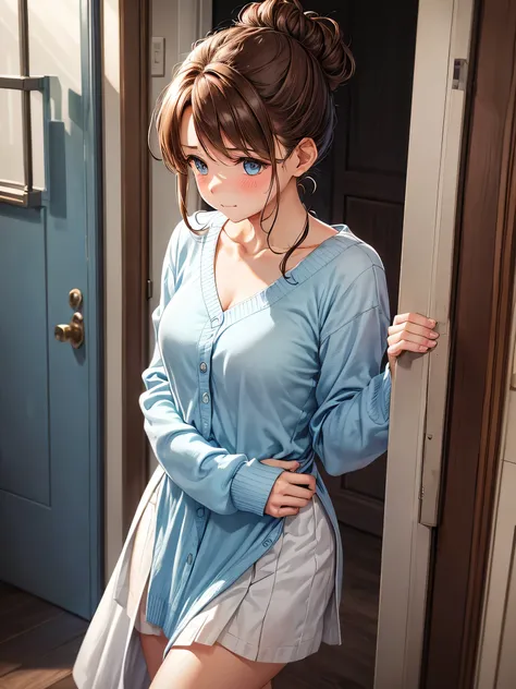 A woman with brown hair tied in a messy bun, wearing a light blue dress, covered with a white waist-length cardigan, was standing in front of the bedroom door,with a blushing expression covering her mouth with the back of her hand.