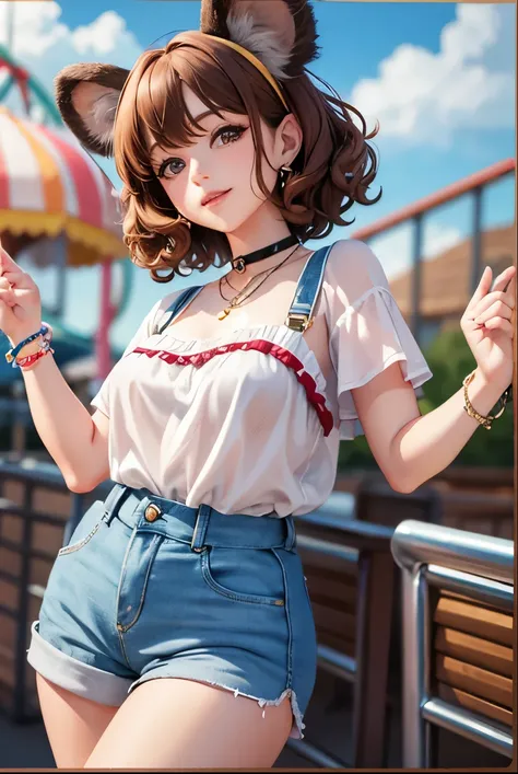 Top quality, highly detailed, UHD, idol, playing at an amusement park, cute and beautiful anthropomorphic koala girl with brown curly bob hair wearing a heart-shaped choker, casual clothes